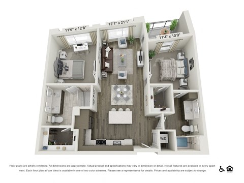 Floor plan for 2 beds, 2 baths, 1055 sqft